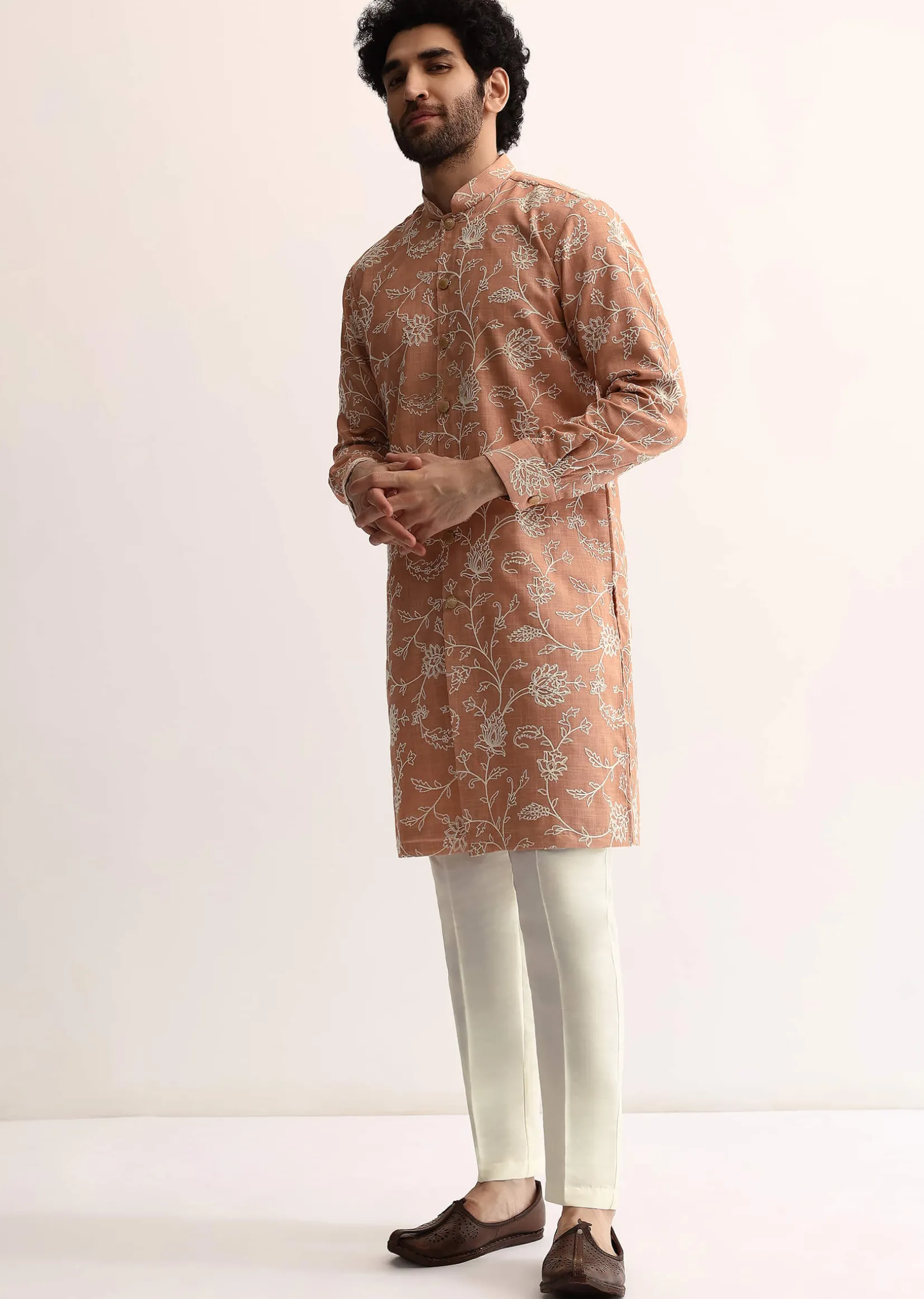 Orange Cotton Silk Embroidered Kurta Set For Men