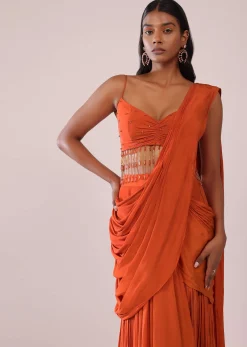 Orange Crepe Drape Saree And Blouse With Crystal Tassels All Over