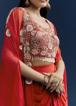 Orange Crop Top Skirt Set With Embroidered Cape