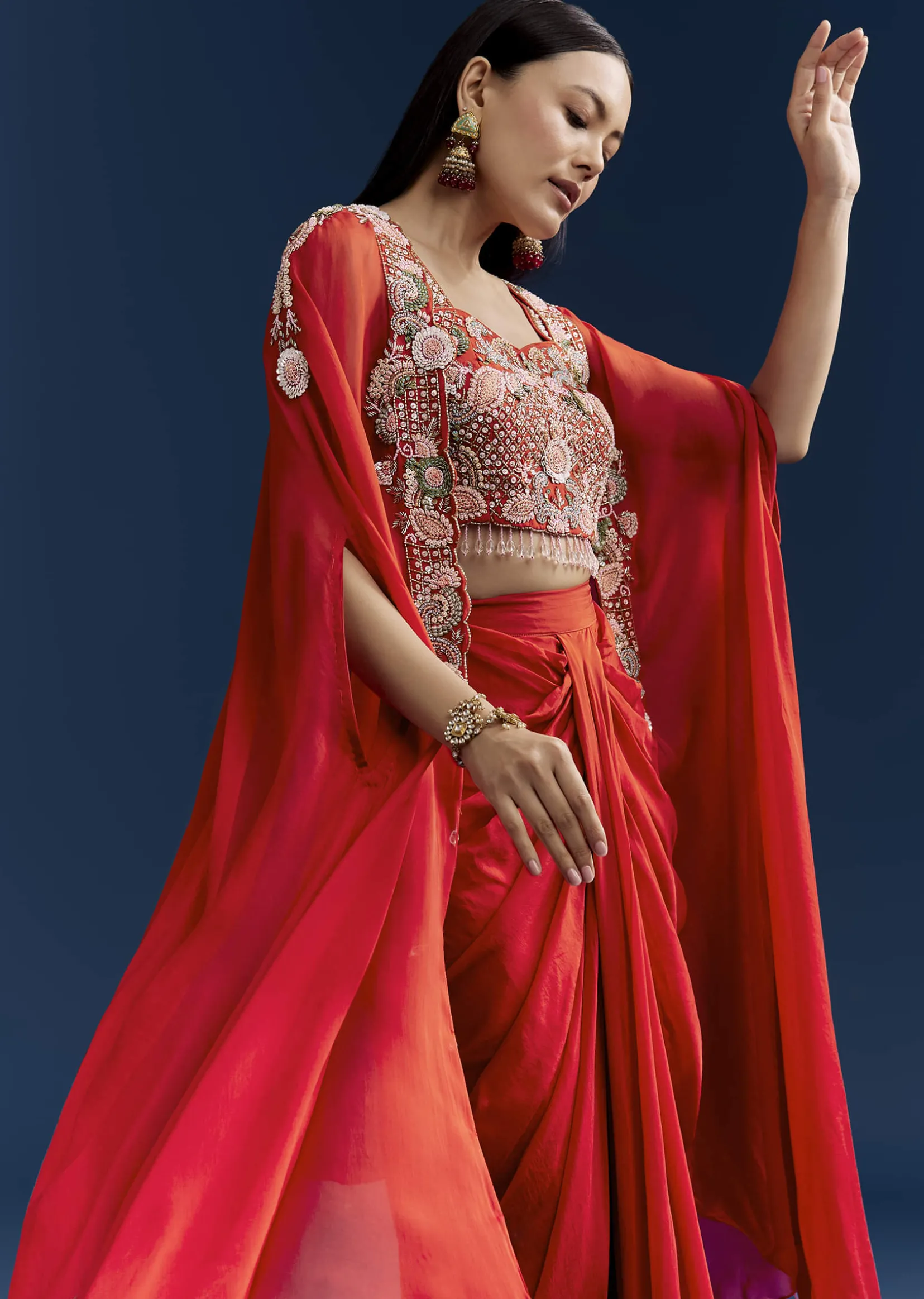 Orange Crop Top Skirt Set With Embroidered Cape