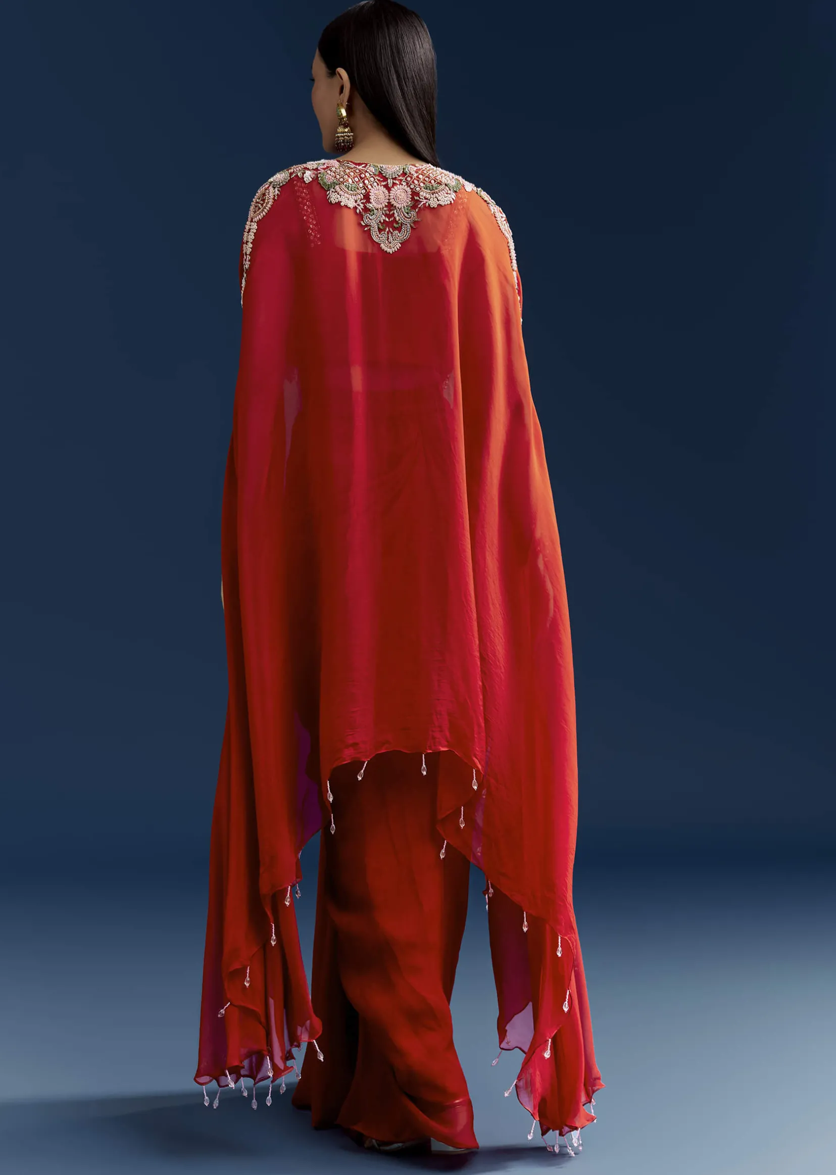 Orange Crop Top Skirt Set With Embroidered Cape