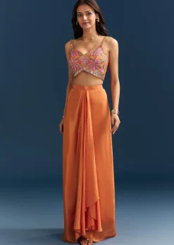 Orange Crop Top Skirt With Floral Cape And Embroidery Accents