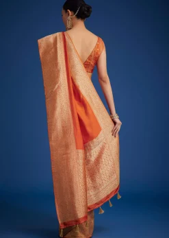 Orange Dola Silk Saree With Zari Border And Pallu