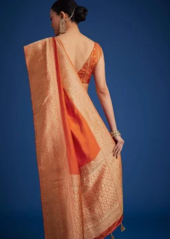 Orange Dola Silk Saree With Zari Border And Pallu