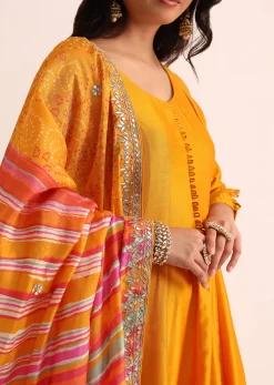 Orange Embroidered Chanderi Anarkali Set With Bandhani And Leheriya Dupatta