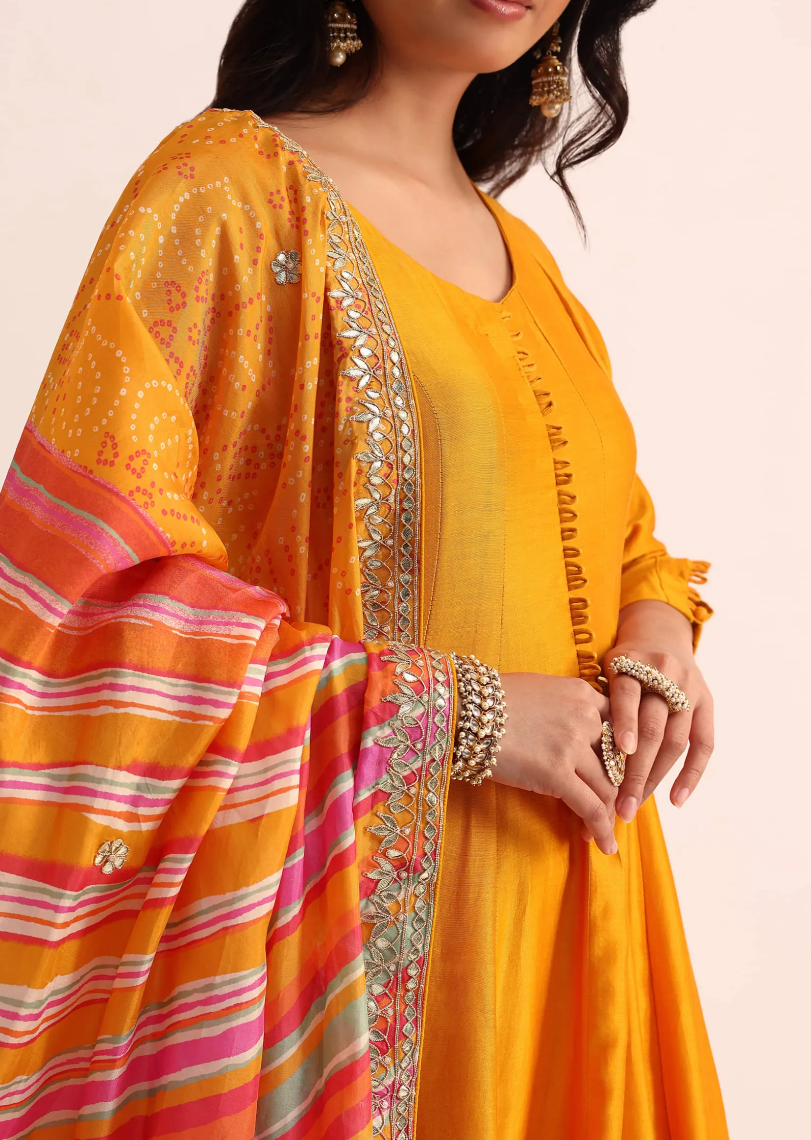 Orange Embroidered Chanderi Anarkali Set With Bandhani And Leheriya Dupatta