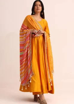 Orange Embroidered Chanderi Anarkali Set With Bandhani And Leheriya Dupatta