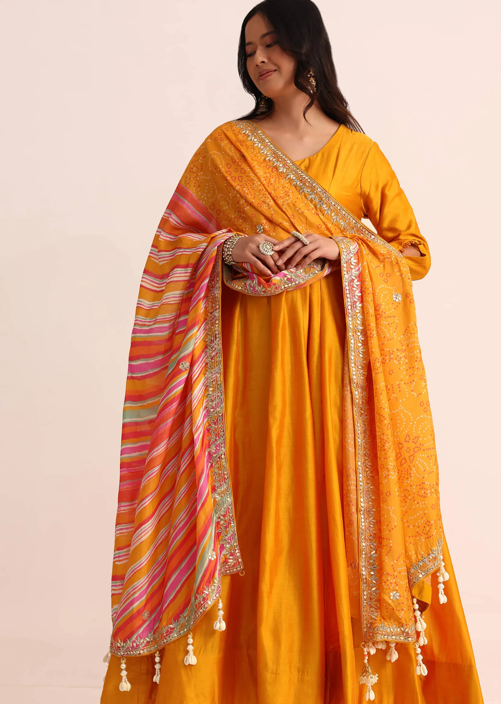 Orange Embroidered Chanderi Anarkali Set With Bandhani And Leheriya Dupatta