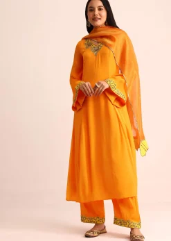 Orange Embroidered Chiffon Kurta Palazzo Set