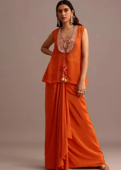 Orange Embroidered Croptop With Draped Skirt And Organza Jacket