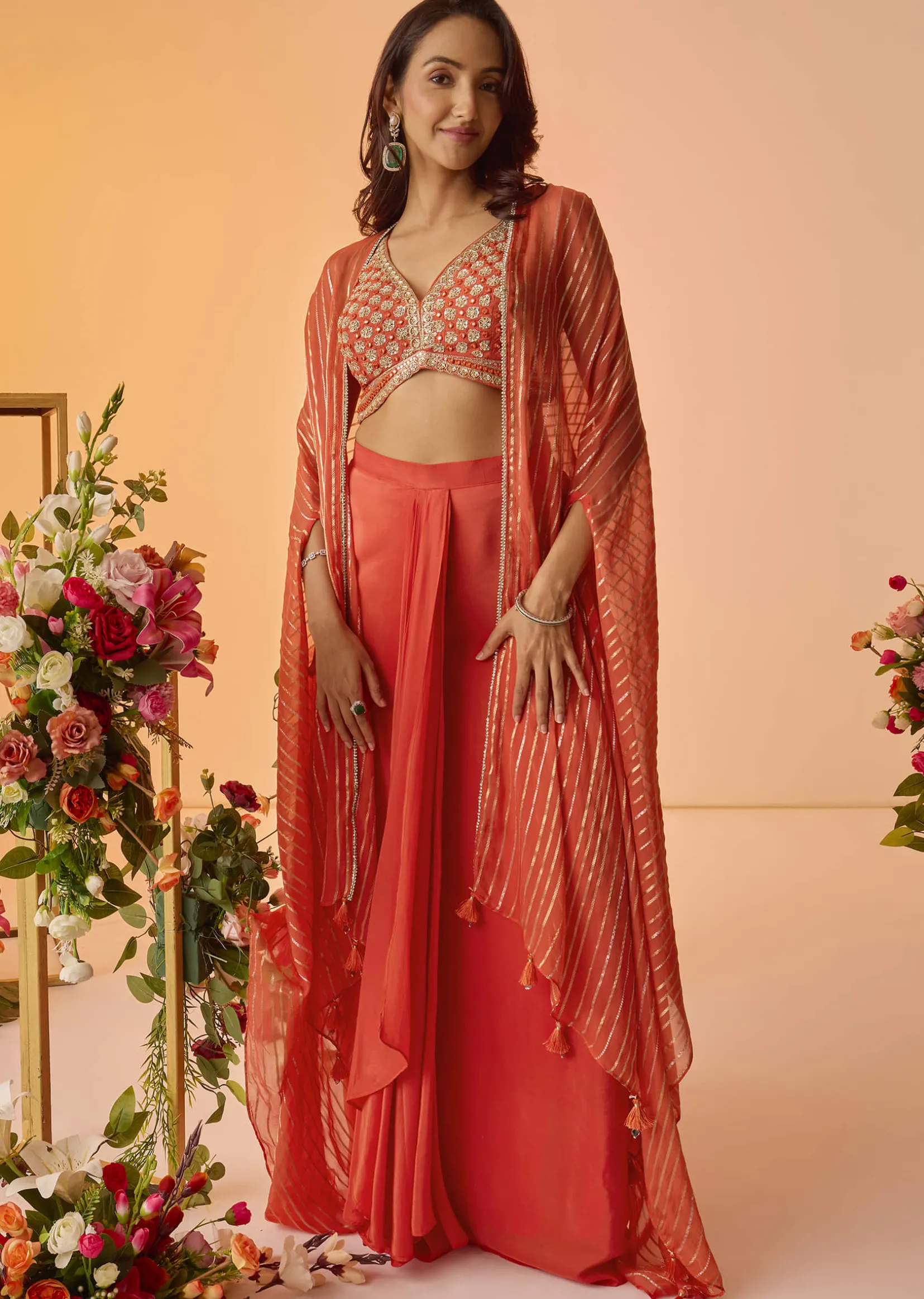 Orange Embroidered Croptop With Pleated Skirt And Chanderi Jacket