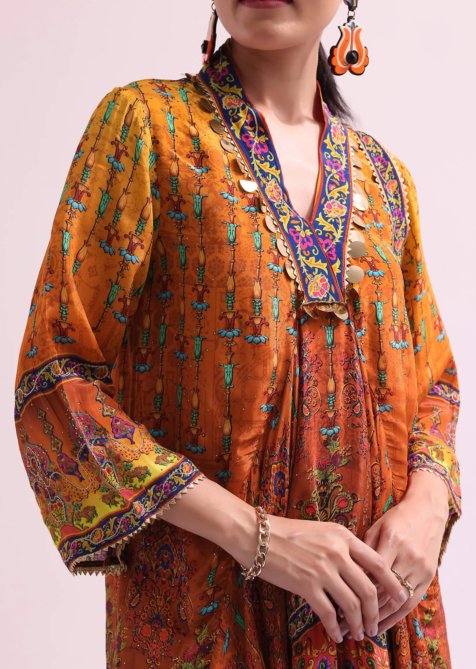 Orange Embroidered Kurta Palazzo Set With Potli