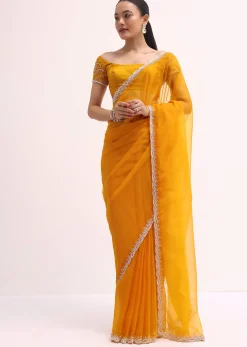 Orange Embroidered Organza Saree With Unstitched Blouse