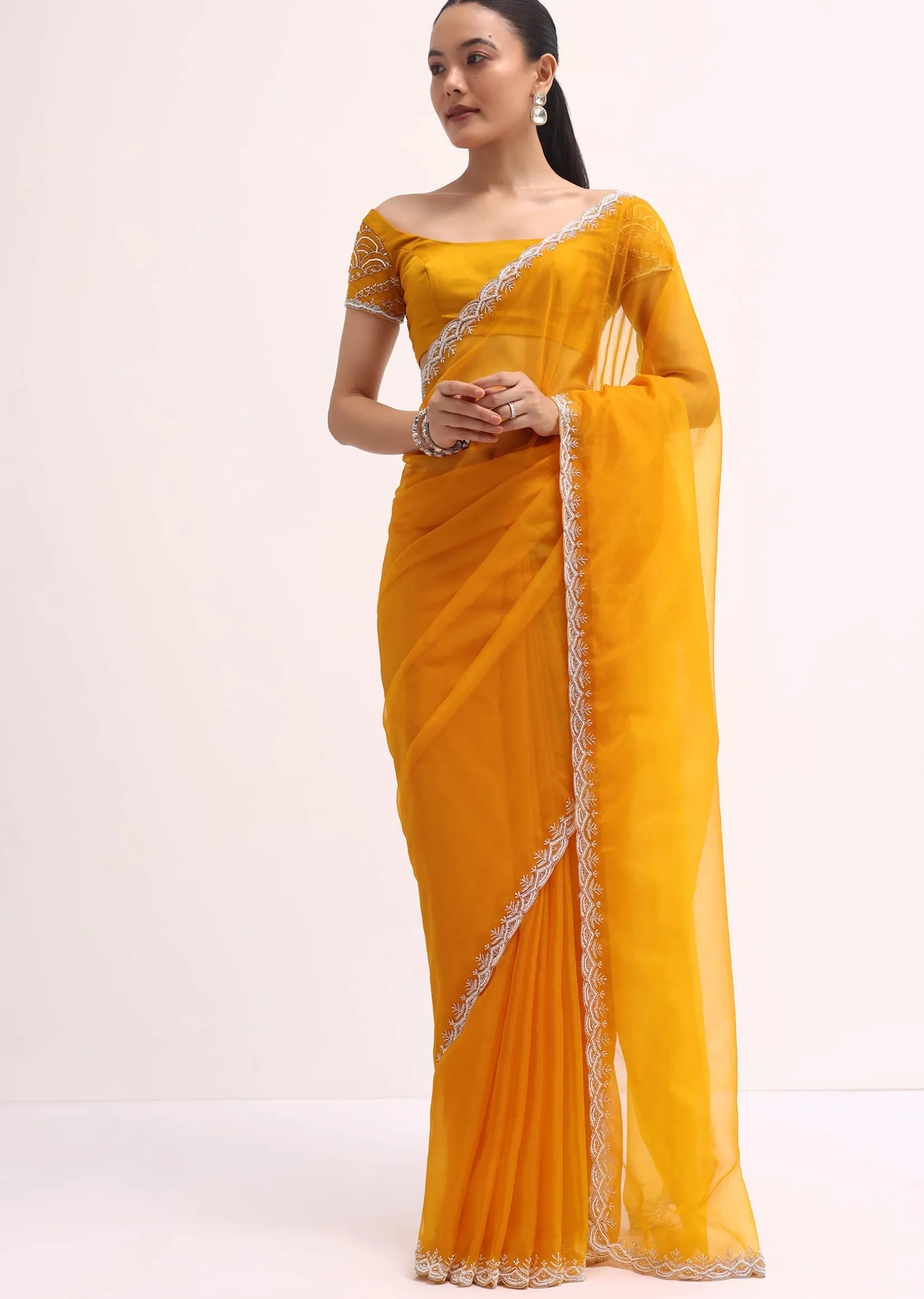 Orange Embroidered Organza Saree With Unstitched Blouse