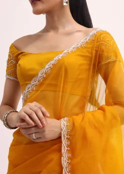 Orange Embroidered Organza Saree With Unstitched Blouse