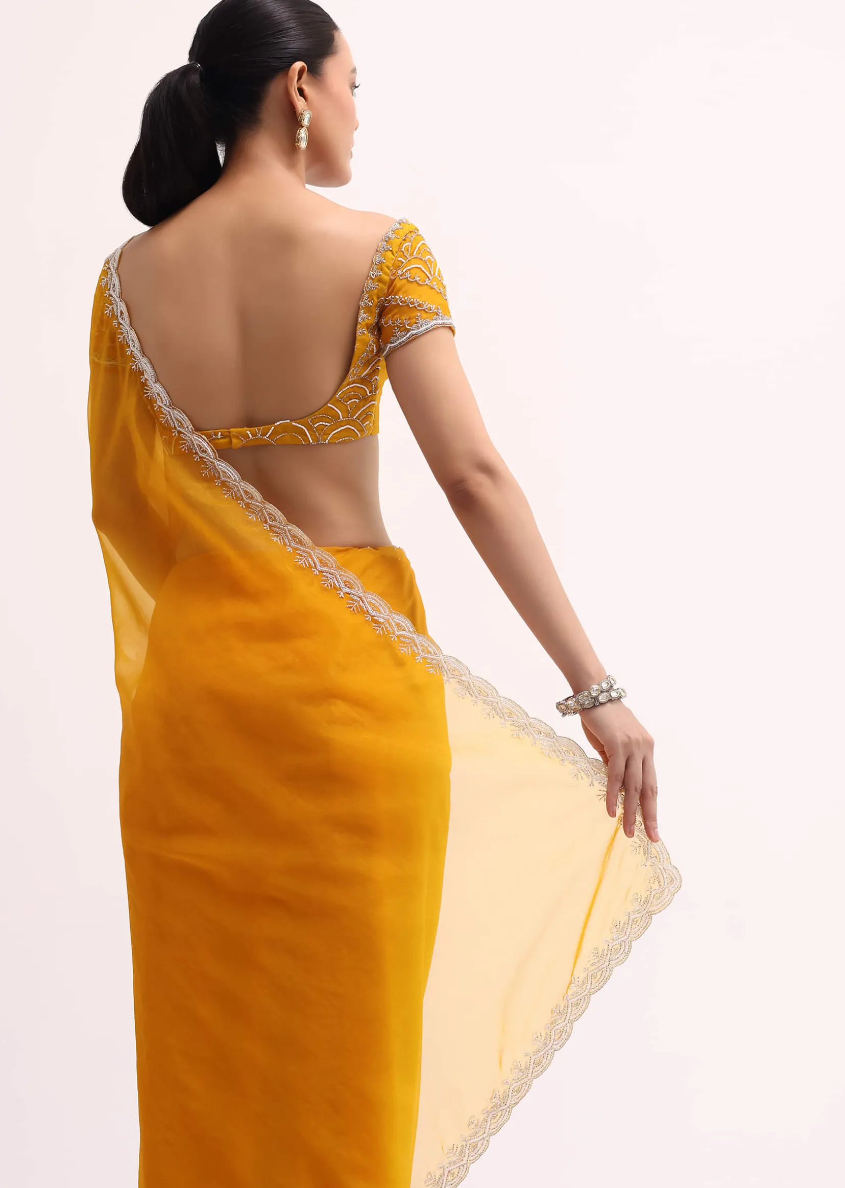 Orange Embroidered Organza Saree With Unstitched Blouse