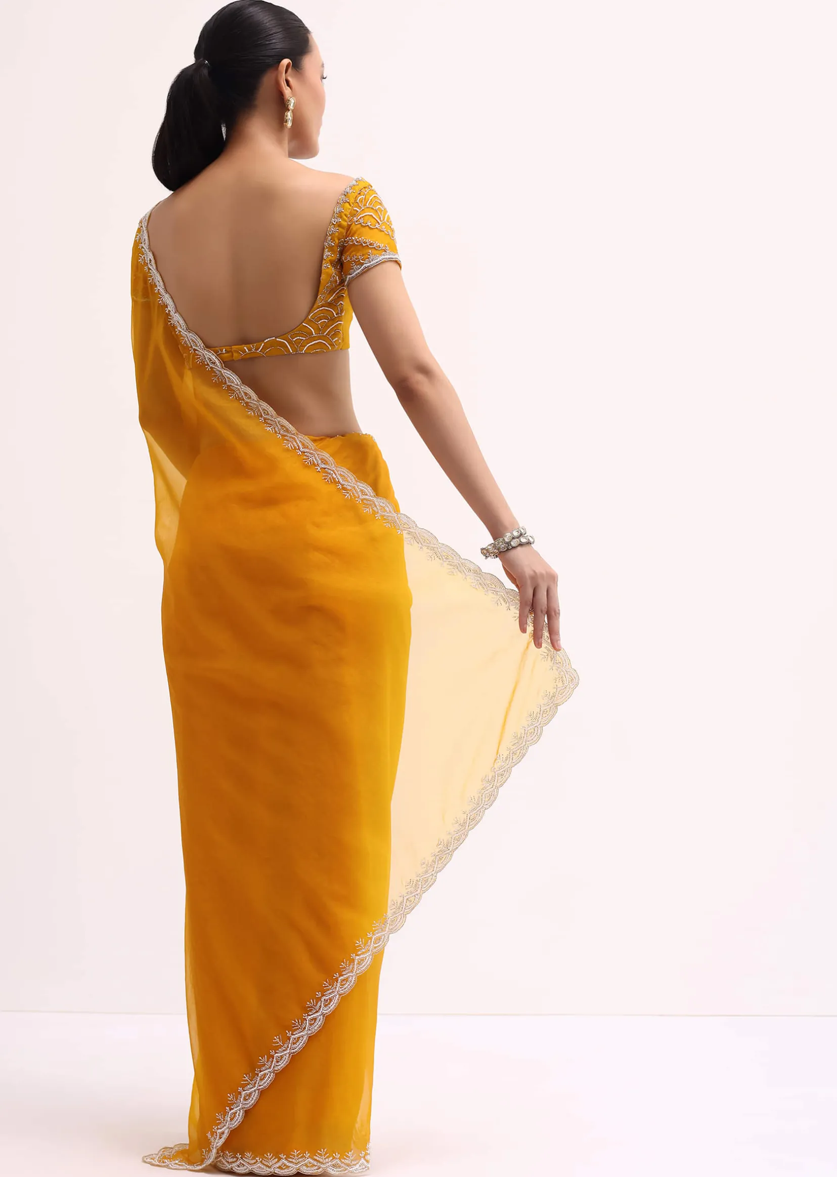 Orange Embroidered Organza Saree With Unstitched Blouse