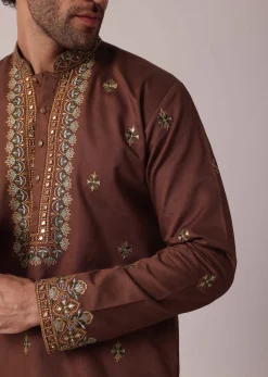 Orange Festive Linen Kurta Set For Men
