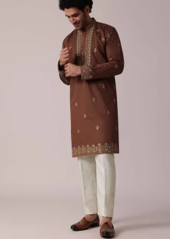 Orange Festive Linen Kurta Set For Men