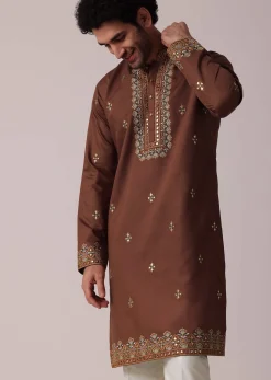 Orange Festive Linen Kurta Set For Men