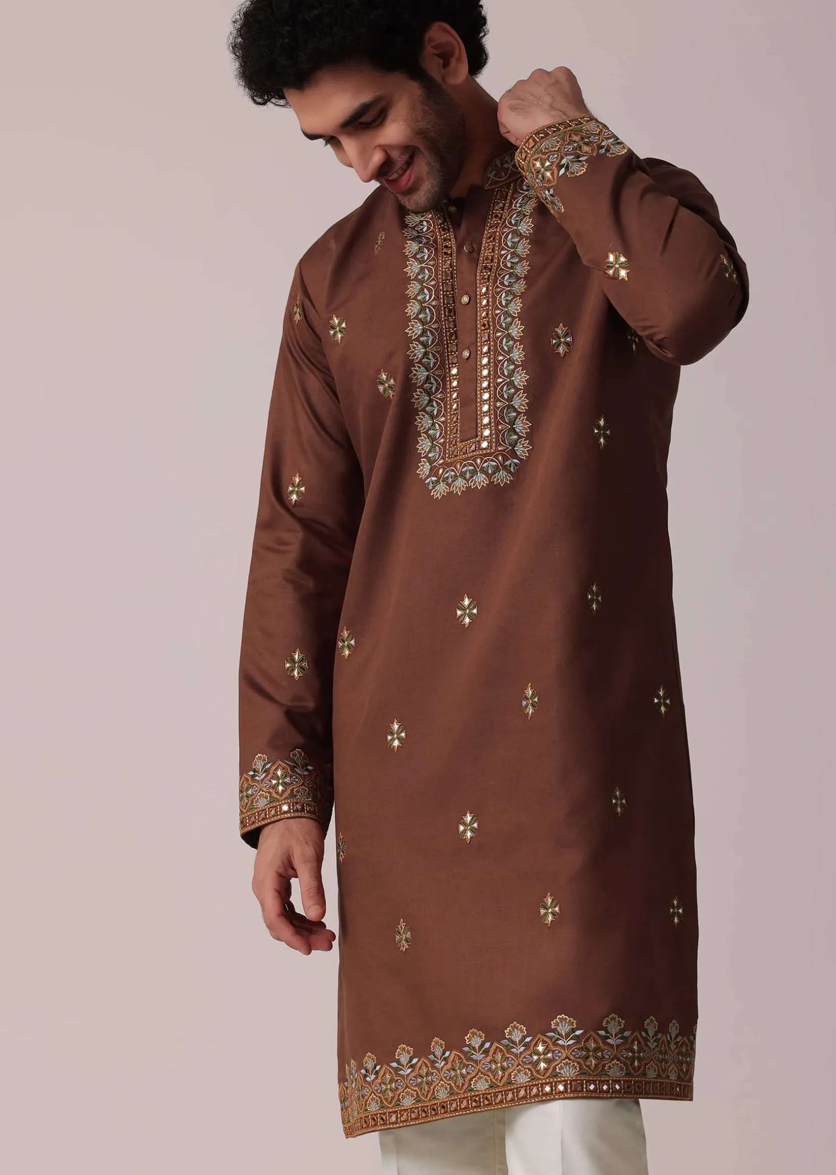 Orange Festive Linen Kurta Set For Men