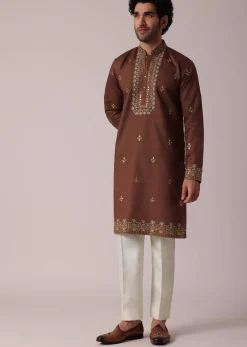 Orange Festive Linen Kurta Set For Men