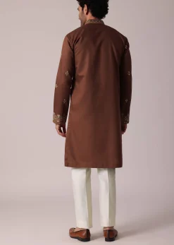 Orange Festive Linen Kurta Set For Men