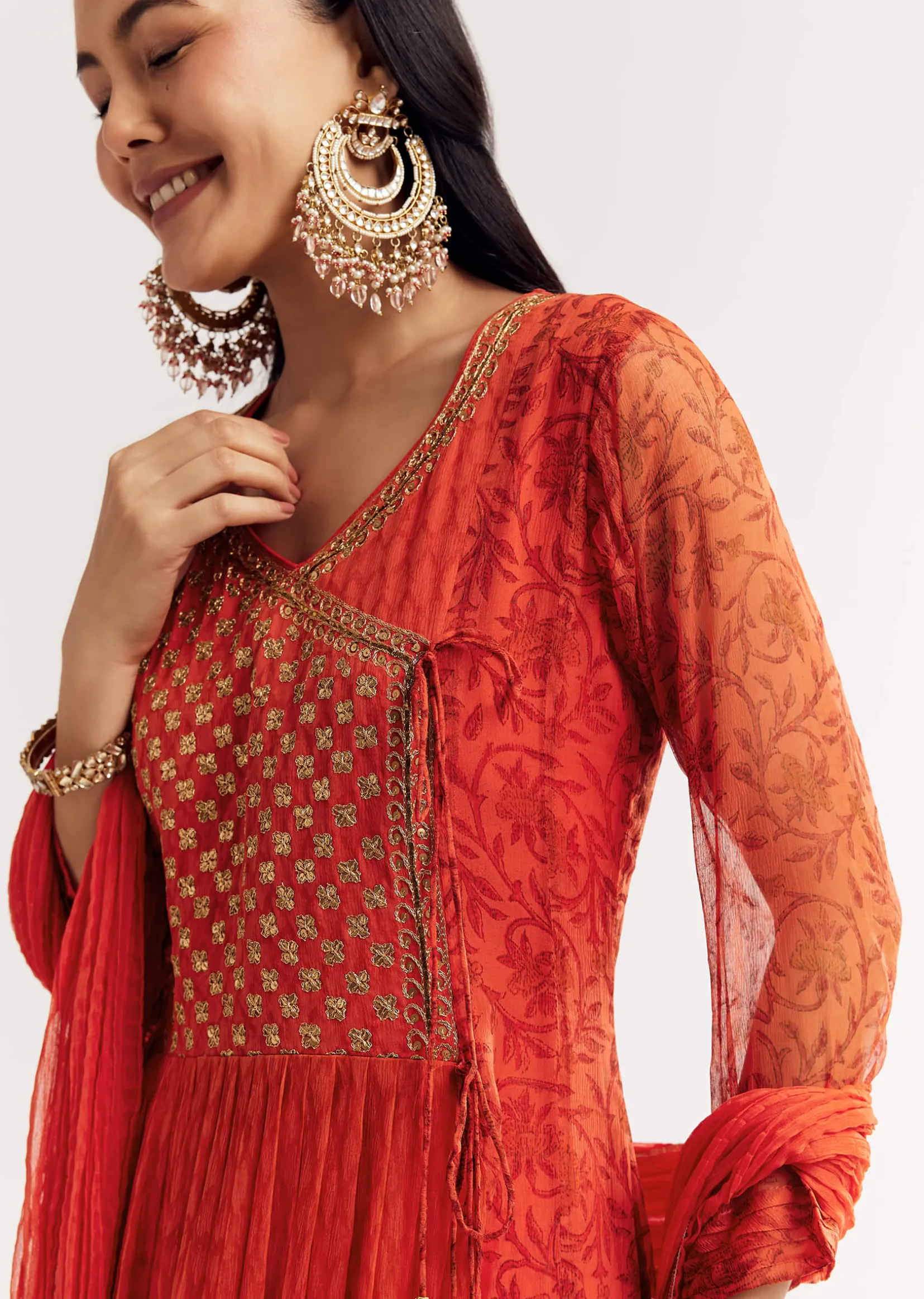 Orange Floral Chiffon Anarkali Kurta Set With Dupatta