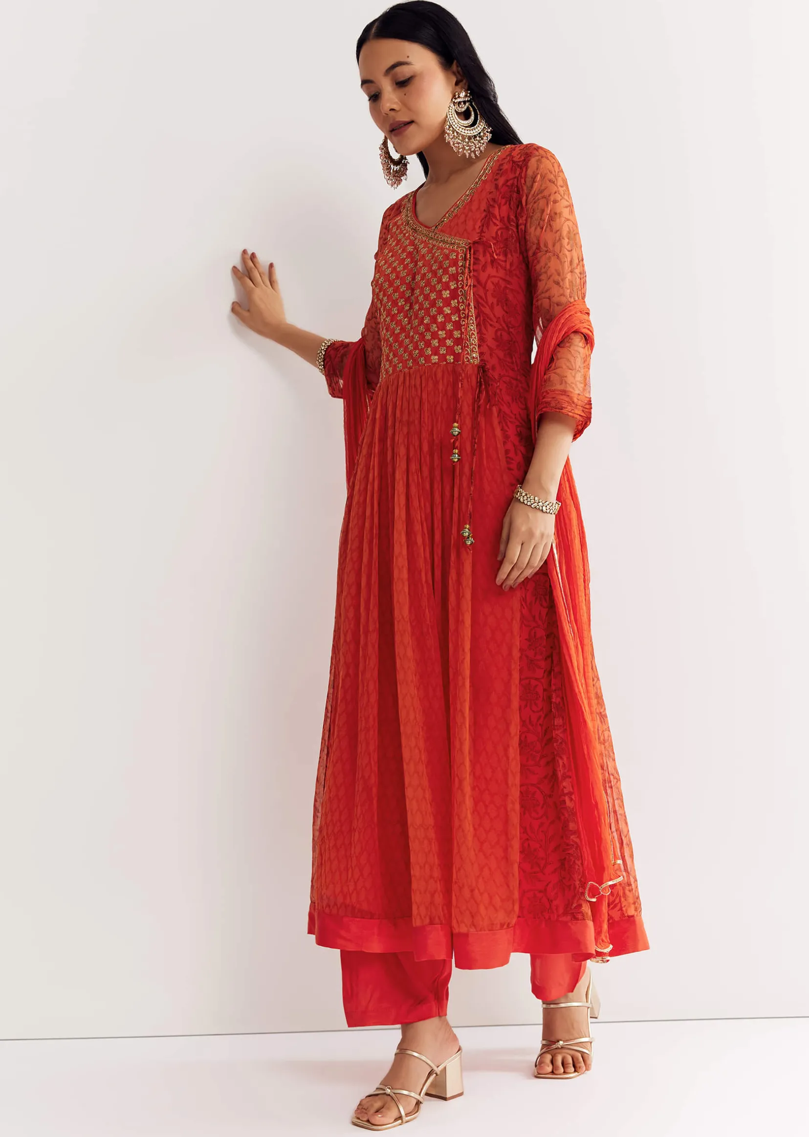 Orange Floral Chiffon Anarkali Kurta Set With Dupatta