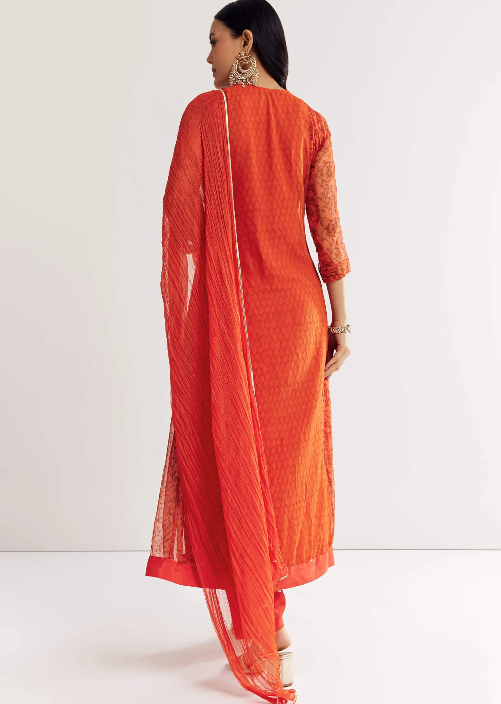 Orange Floral Chiffon Anarkali Kurta Set With Dupatta