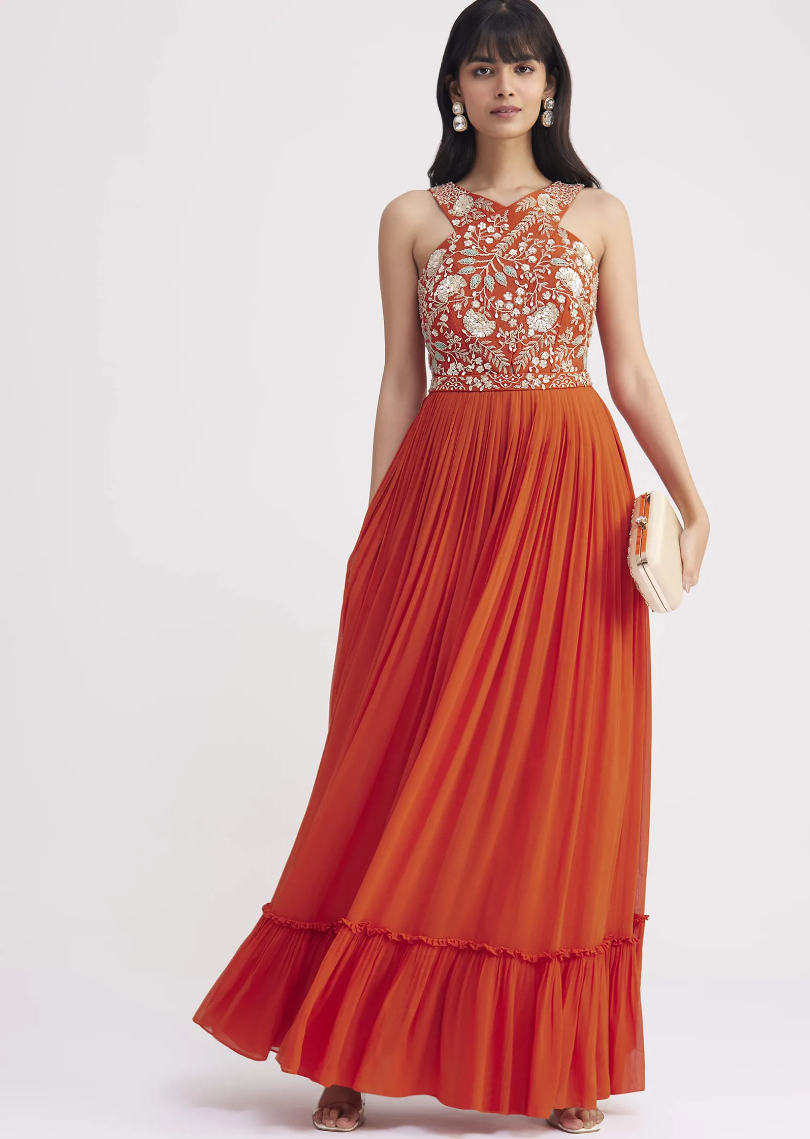 Orange Georgette Embroidered Jumpsuit With Belt
