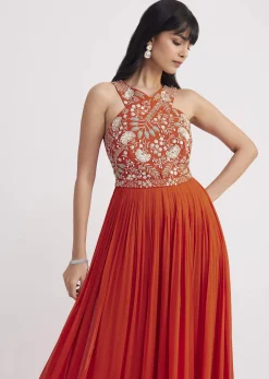 Orange Georgette Embroidered Jumpsuit With Belt