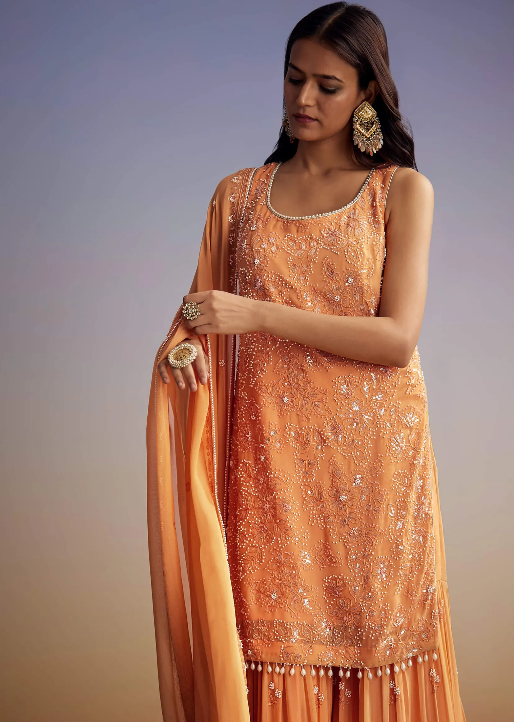 Orange Georgette Sharara Suit With Embroidered Kurta And Dupatta