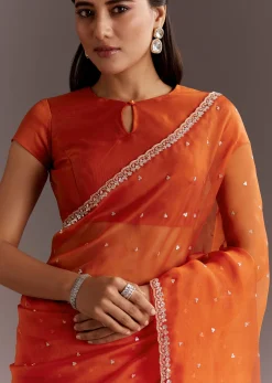 Orange Glass Tissue Saree With Cutdana And Sequins Scallop Border