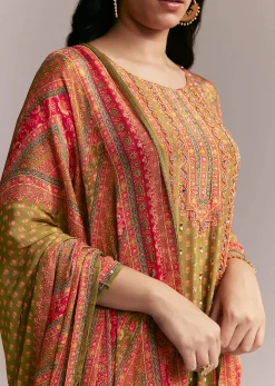 Orange Green Printed Kurta Set