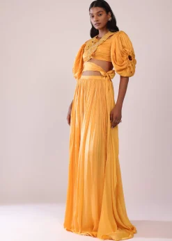 Orange Indo-Western Skirt And Blouse With Balloon Sleeves