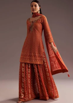 Orange Lucknowi Mirror Zardosi Kurta Palazzo Dupatta Set
