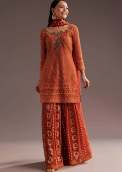 Orange Lucknowi Mirror Zardosi Kurta Palazzo Dupatta Set