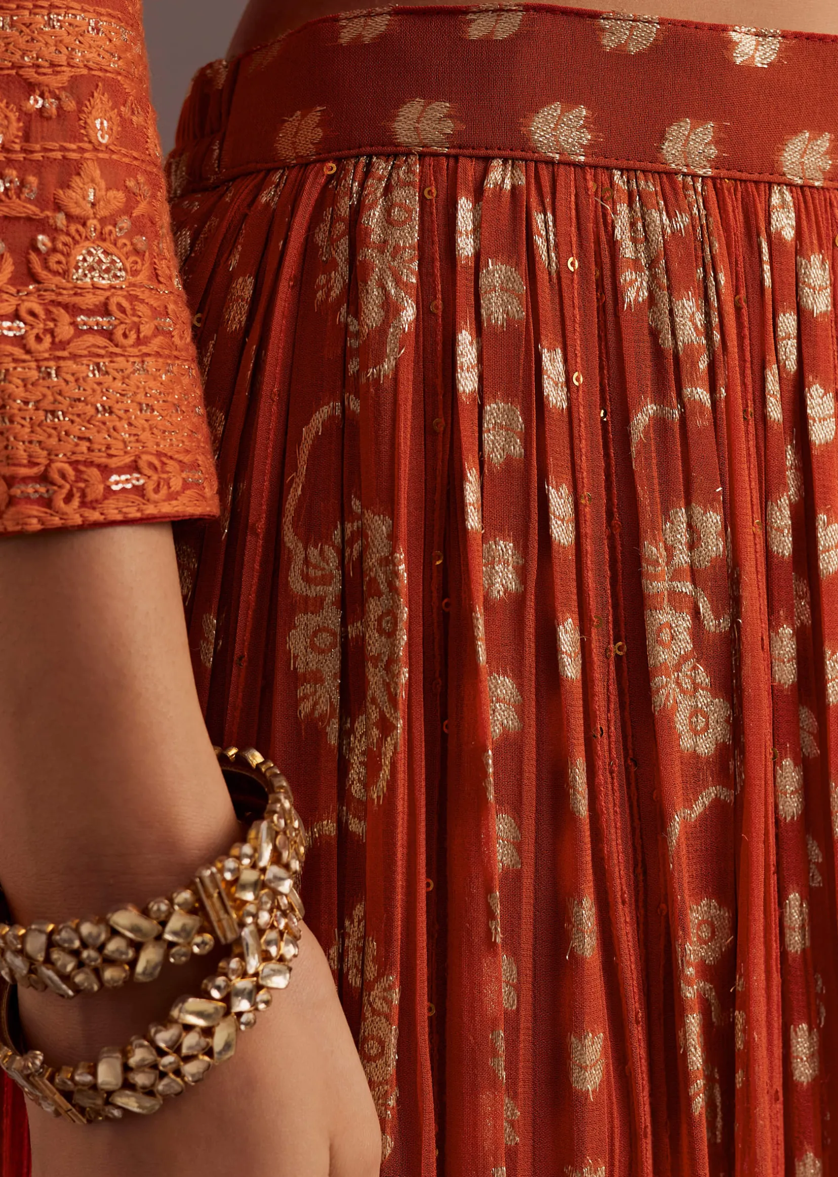 Orange Lucknowi Mirror Zardosi Kurta Palazzo Dupatta Set