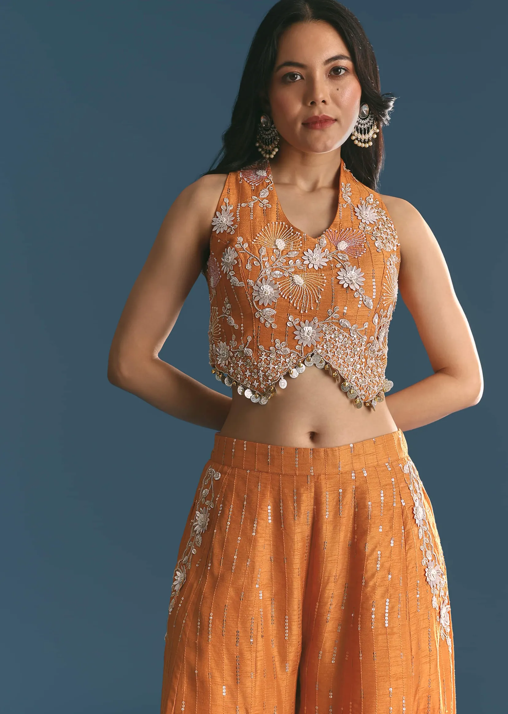 Orange Ombre Silk Palazzo Suit With Cutdana Croptop