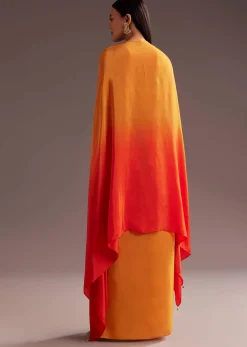 Orange Ombre Zardosi Moti Cape Skirt Set