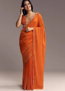 Orange Organza Saree With Zigzag Sequins And Cut Dana Embroidery