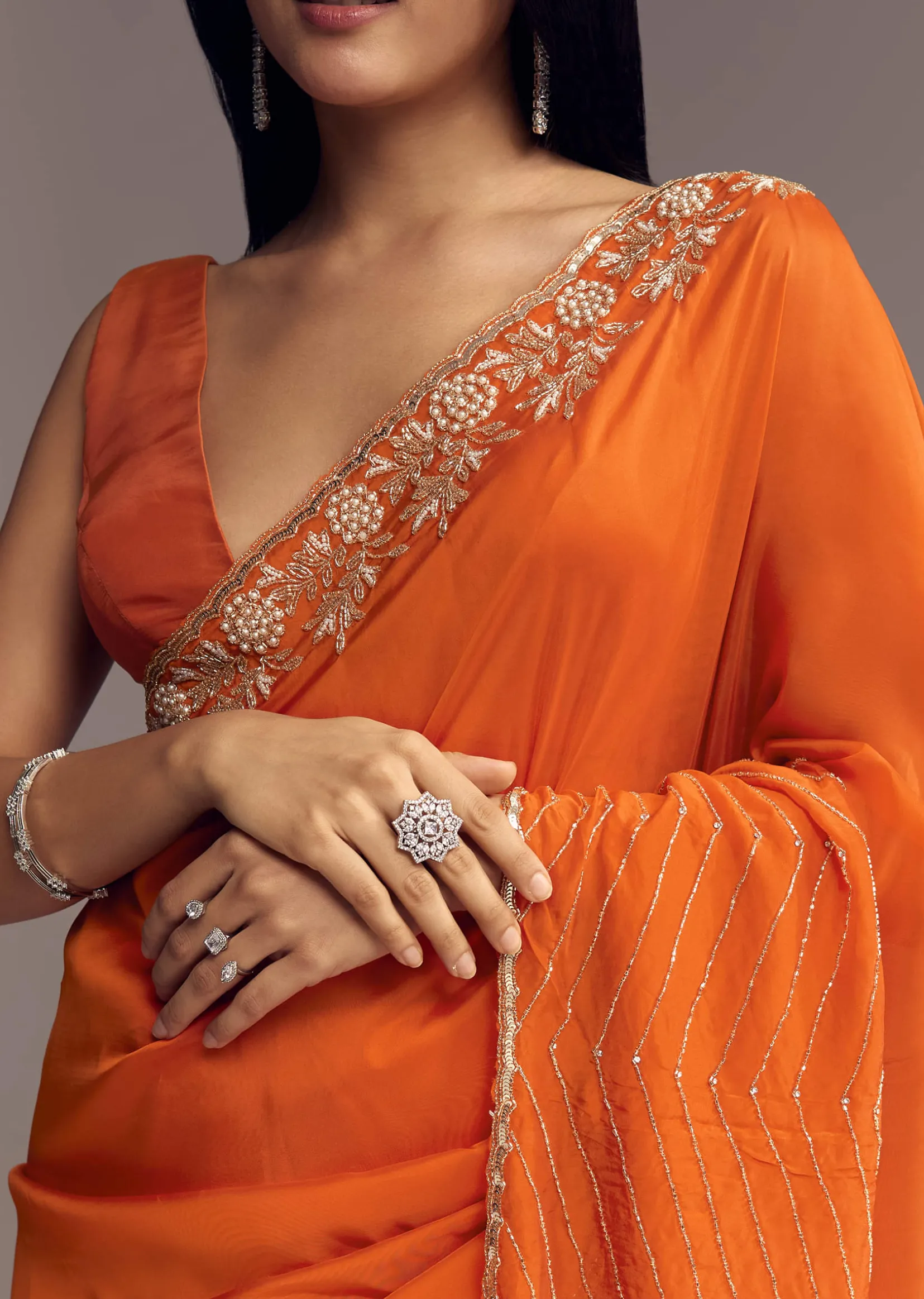 Orange Organza Saree With Zigzag Sequins And Cut Dana Embroidery