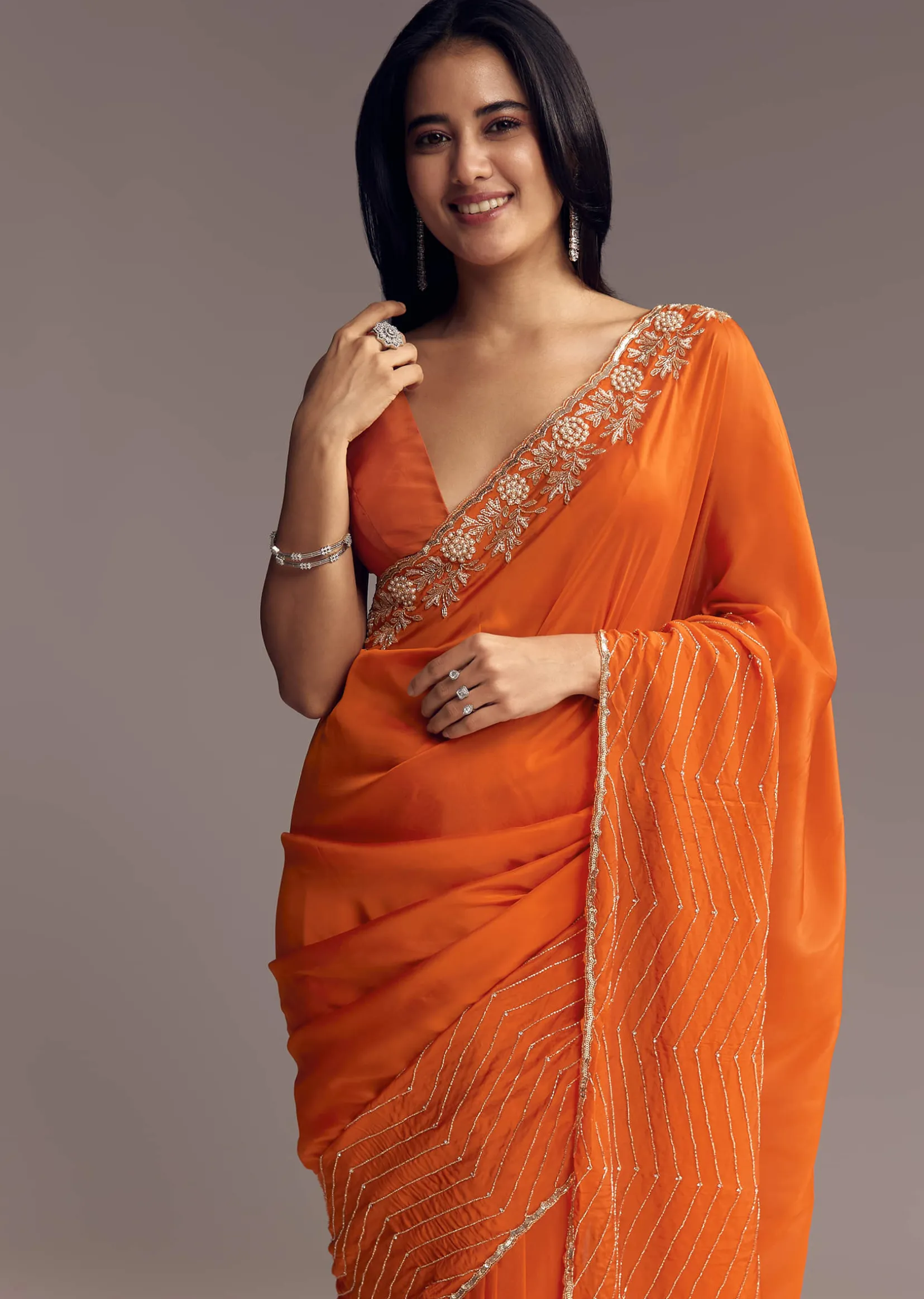 Orange Organza Saree With Zigzag Sequins And Cut Dana Embroidery