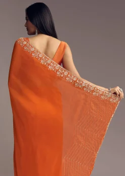 Orange Organza Saree With Zigzag Sequins And Cut Dana Embroidery