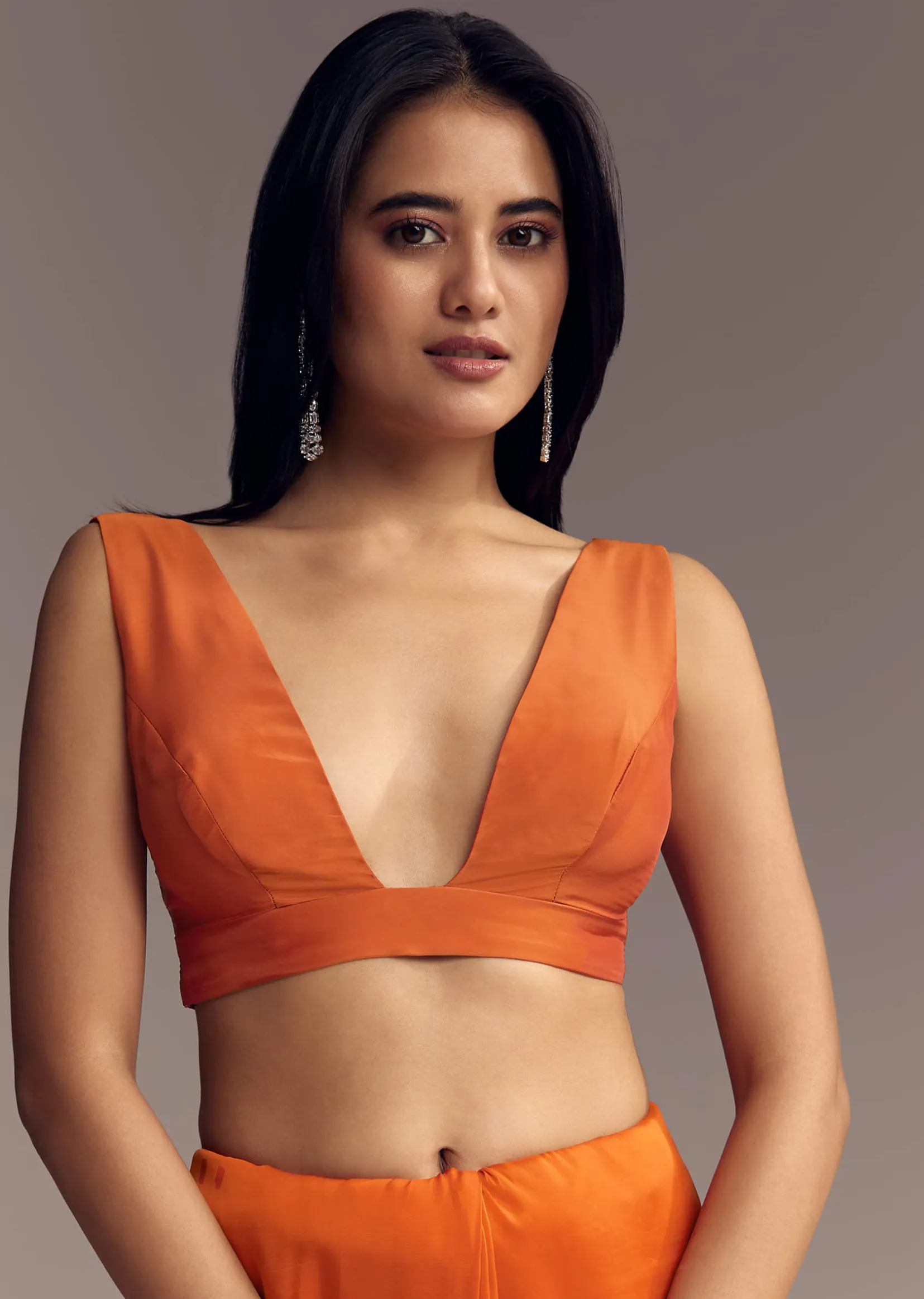 Orange Organza Saree With Zigzag Sequins And Cut Dana Embroidery