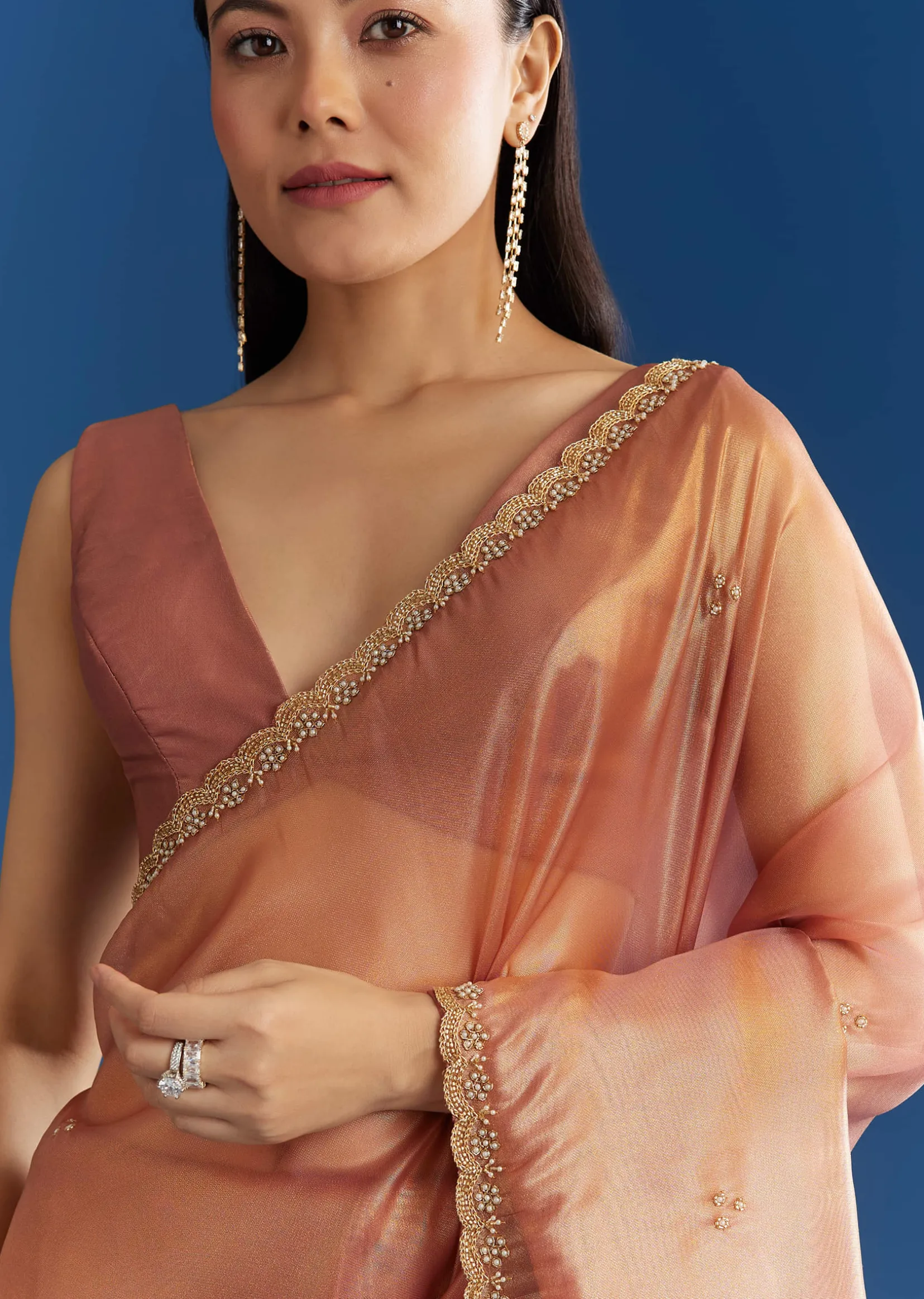 Orange Organza Tissue Saree With Sparkling Scallop Border