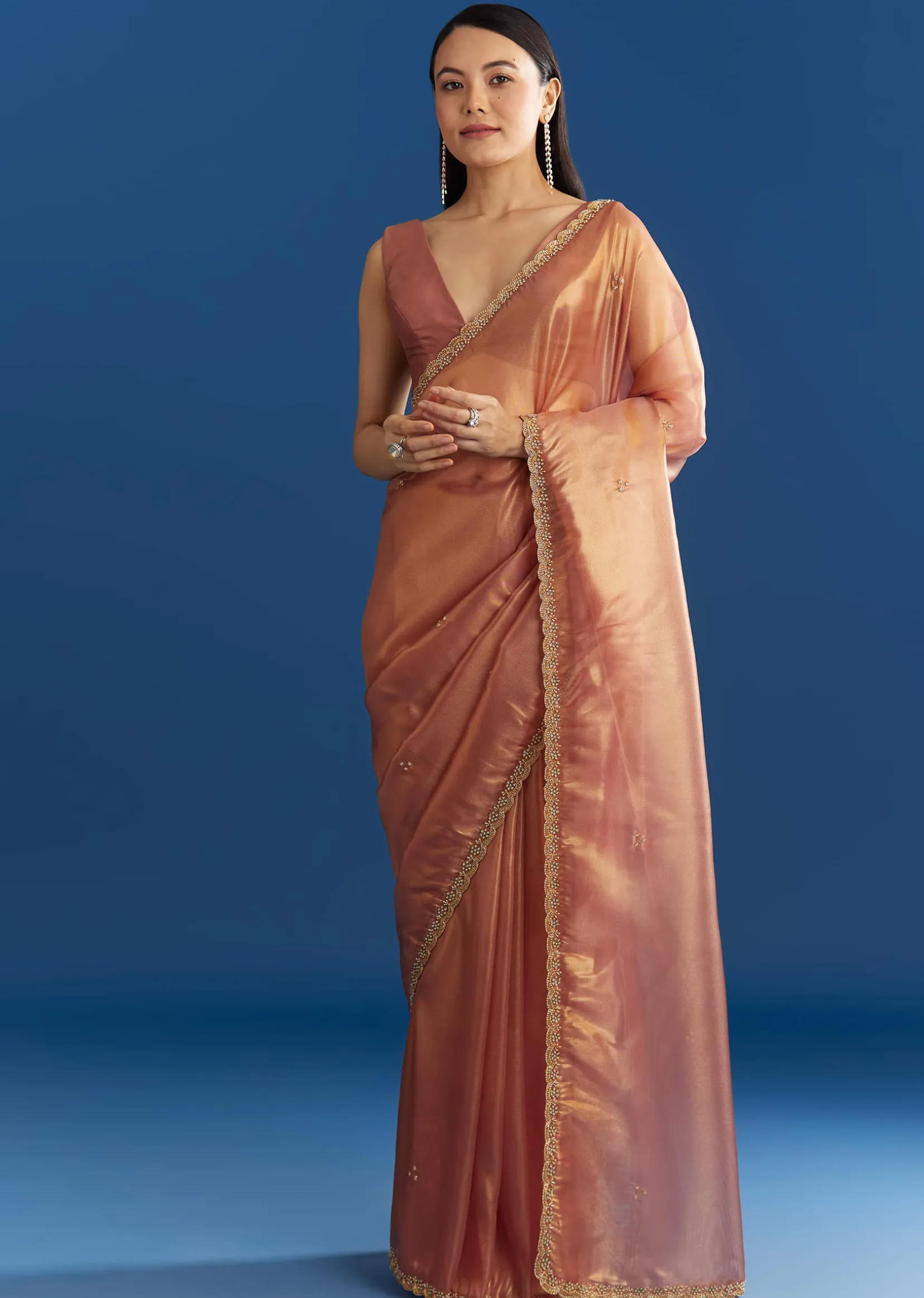 Orange Organza Tissue Saree With Sparkling Scallop Border