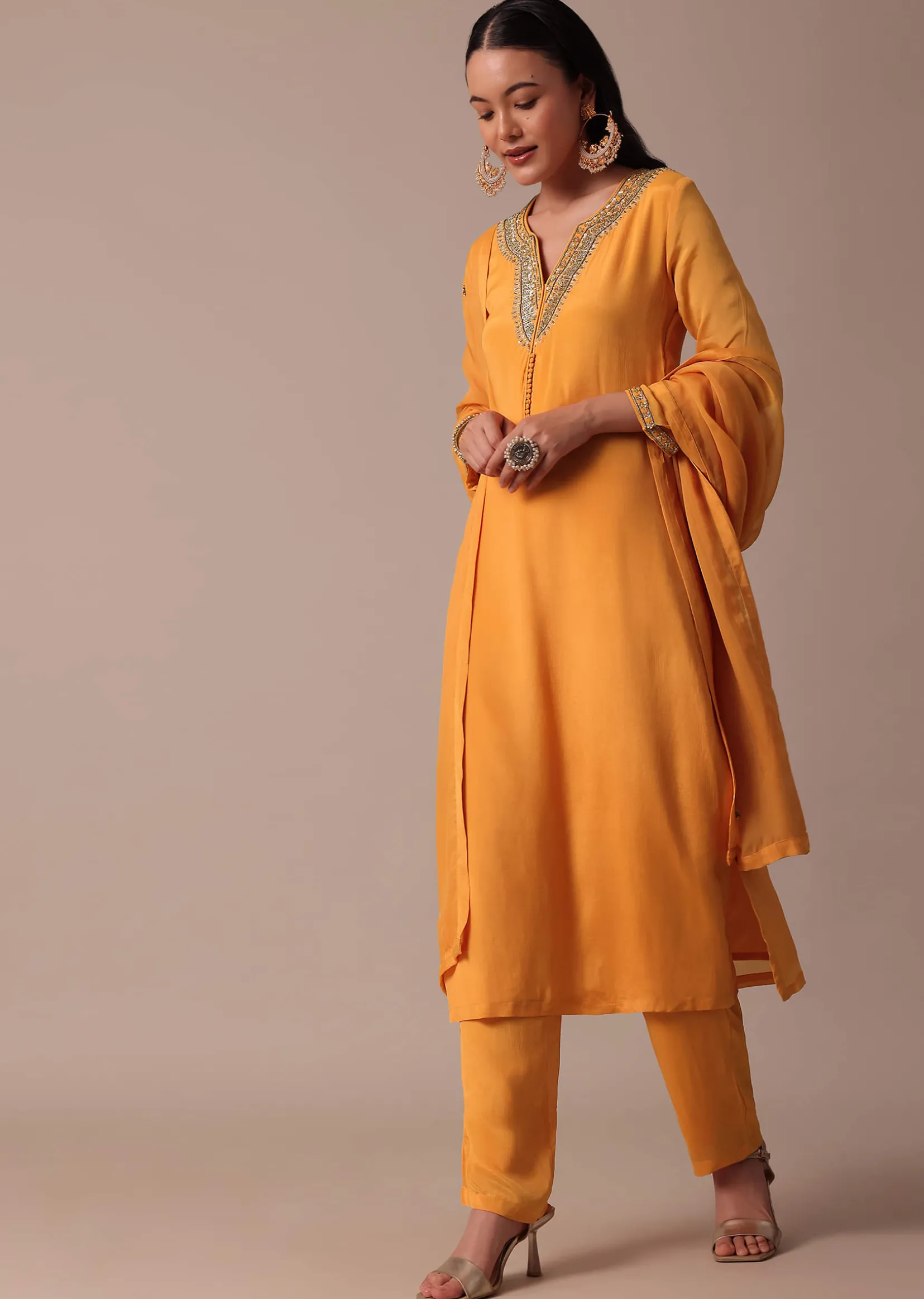 Orange Pant Set With Sequin Work