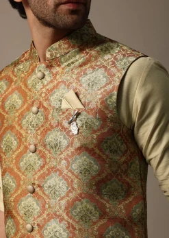 Orange Printed Jacquard Kurta Jacket Set For Men